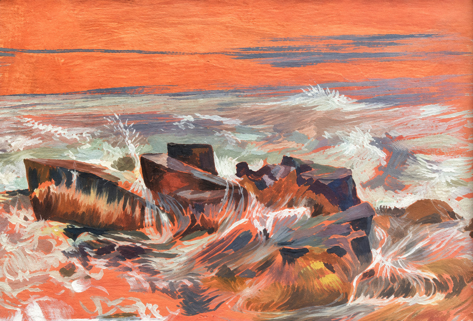 Painting of waves breaking on coastal rocks
