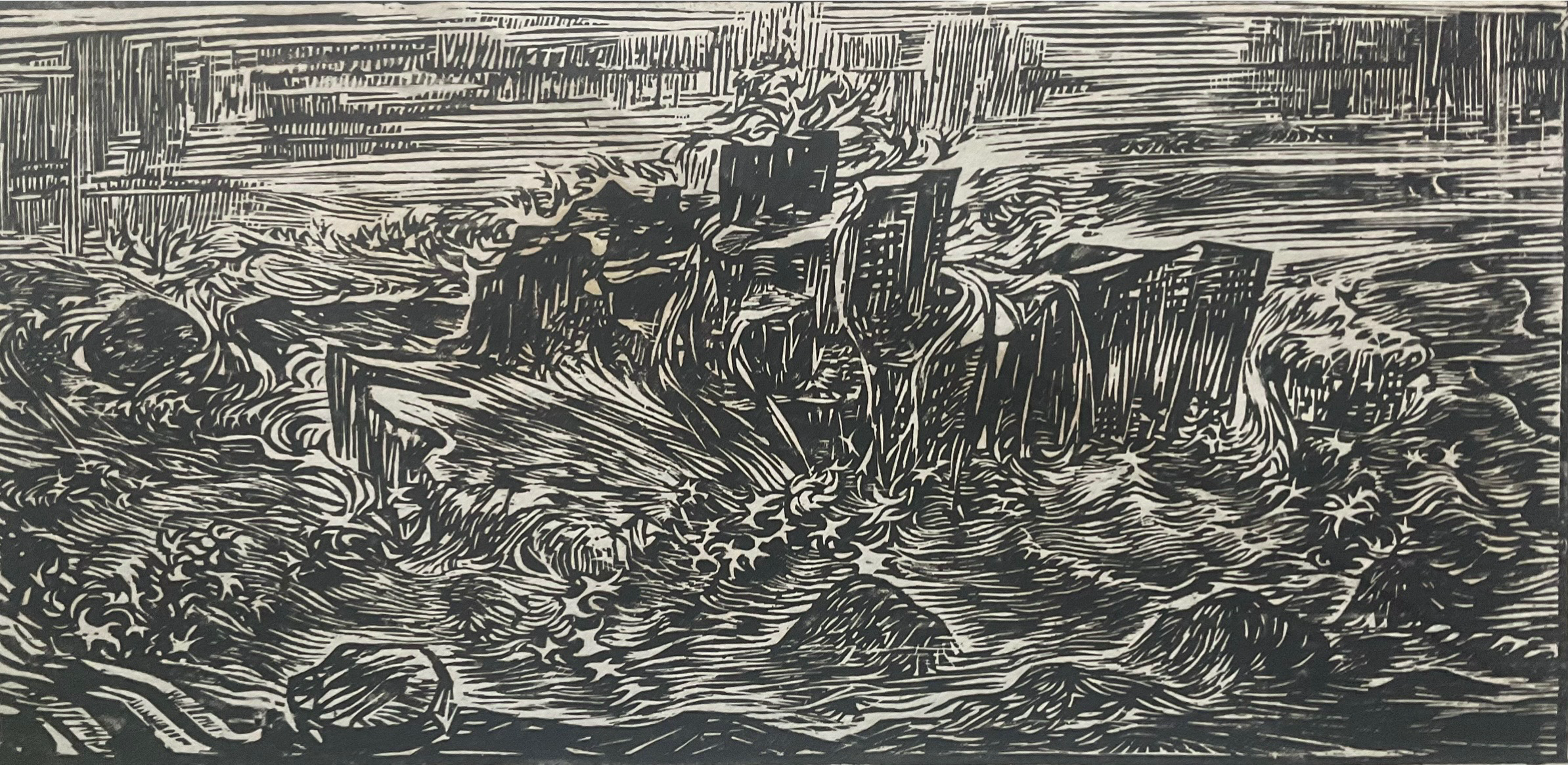 Woodcut of waves breaking around coastal rocks